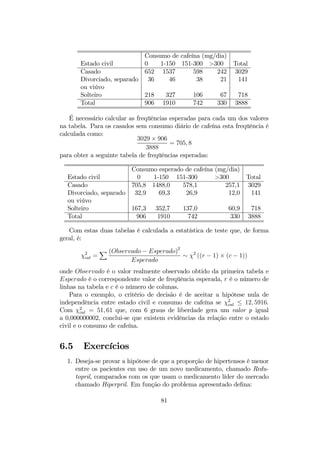Consumo de cafeína (mg/dia)
Estado civil 0 1-150 151-300 >300 Total
Casado 652 1537 598 242 3029
Divorciado, separado 36 46 38 21 141
ou viúvo
Solteiro 218 327 106 67 718
Total 906 1910 742 330 3888
É necessário calcular as freqüências esperadas para cada um dos valores
na tabela. Para os casados sem consumo diário de cafeína esta freqüência é
calculada como:
3029 × 906
3888
= 705, 8
para obter a seguinte tabela de freqüências esperadas:
Consumo esperado de cafeína (mg/dia)
Estado civil 0 1-150 151-300 >300 Total
Casado 705,8 1488,0 578,1 257,1 3029
Divorciado, separado 32,9 69,3 26,9 12,0 141
ou viúvo
Solteiro 167,3 352,7 137,0 60,9 718
Total 906 1910 742 330 3888
Com estas duas tabelas é calculada a estatística de teste que, de forma
geral, é:
χ2
cal =
X (Observado − Esperado)2
Esperado
∼ χ2
((r − 1) × (c − 1))
onde Observado é o valor realmente observado obtido da primeira tabela e
Esperado é o correspondente valor de freqüência esperada, r é o número de
linhas na tabela e c é o número de colunas.
Para o exemplo, o critério de decisão é de aceitar a hipótese nula de
independência entre estado civil e consumo de cafeína se χ2
cal ≤ 12, 5916.
Com χ2
cal = 51, 61 que, com 6 graus de liberdade gera um valor p igual
a 0,000000002, conclui-se que existem evidências da relação entre o estado
civil e o consumo de cafeína.
6.5 Exercícios
1. Deseja-se provar a hipótese de que a proporção de hipertensos é menor
entre os pacientes em uso de um novo medicamento, chamado Redu-
topril, comparados com os que usam o medicamento líder do mercado
chamado Hiperpril. Em função do problema apresentado deﬁna:
81
 