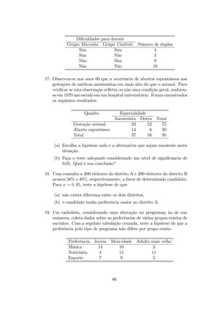 Diﬁculdades para dormir
Grupo Maconha Grupo Controle Número de duplas
Sim Sim 4
Sim Não 3
Não Sim 9
Não Não 16
17. Observou-se nos anos 60 que a ocorrência de abortos espontâneos nas
gestações de médicas anestesistas era mais alta do que o normal. Para
veriﬁcar se esta observação reﬂetia ou não uma condição geral, realizou-
se em 1970 um estudo em um hospital universitário. Foram encontrados
os seguintes resultados:
Quadro Especialidade
Anestesista Outra Total
Gestação normal 23 52 75
Aborto espontâneo 14 6 20
Total 37 58 95
(a) Escolha a hipótese nula e a alternativa que sejam razoáveis nesta
situação.
(b) Faça o teste adequado considerando um nível de signiﬁcância de
0,05. Qual é sua conclusão?
18. Uma consulta a 300 eleitores do distrito A e 200 eleitores do distrito B
acusou 56% e 48%, respectivamente, a favor de determinado candidato.
Para α = 0, 05, teste a hipótese de que:
(a) não exista diferença entre os dois distritos,
(b) o candidato tenha preferência maior no distrito A.
19. Um radialista, considerando uma alteração na programaç ão de sua
emissora, coleta dados sobre as preferências de vários grupos etários de
ouvintes. Com a seguinte tabulação cruzada, teste a hipótese de que a
preferência pelo tipo de programa não difere por grupo etário.
Preferência Jovem Meia-idade Adulto mais velho
Música 14 10 3
Noticiário 4 15 11
Esporte 7 9 5
86
 