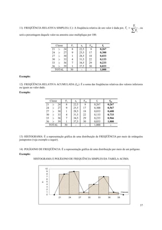 Fi
11) FREQÜÊNCIA RELATIVA SIMPLES ( fi ): A freqüência relativa de um valor é dada por, f i =                            , ou
                                                                                                                  ∑ Fi
será a percentagem daquele valor na amostra caso multiplique por 100.


                                 Classe         Fi           xi        Fac         fi
                              21 |- 24          8           22,5        8        0,267
                              24 |- 27          9           25,5       17        0,300
                              27 |- 30          1           28,5       18        0,033
                              30 |- 33          4           31,5       22        0,133
                              33 |- 36          7           34,5       29        0,233
                              36 |- 39          1           37,5       30        0,033
                                TOTAL          30            -          -        1,000

Exemplo:

12) FREQÜÊNCIA RELATIVA ACUMULADA (fac): É a soma das freqüências relativas dos valores inferiores
ou iguais ao valor dado.
Exemplo:


                            Classe       Fi           xi         Fac           fi          fac
                         21 |- 24        8           22,5         8          0,267       0,267
                         24 |- 27        9           25,5        17          0,300       0,567
                         27 |- 30        1           28,5        18          0,033       0,600
                         30 |- 33        4           31,5        22          0,133       0,733
                         33 |- 36        7           34,5        29          0,233       0,966
                         36 |- 39        1           37,5        30          0,033       1,000
                           TOTAL        30            -           -          1,000          -



13) HISTOGRAMA: É a representação gráfica de uma distribuição de FREQÜÊNCIA por meio de retângulos
justapostos (veja exemplo a seguir).


14) POLÍGONO DE FREQÜÊNCIA: É a representação gráfica de uma distribuição por meio de um polígono.
Exemplo:
            HISTOGRAMA E POLÍGONO DE FREQUÊNCIA SIMPLES DA TABELA ACIMA


                         10
                          9
                          8
                          7
                          6
                          5
                    Fi




                          4
                          3
                          2
                          1                                                                           Clas s es
                          0
                                   21         24            27         30       33       36      39



                                                                                                                        37
 