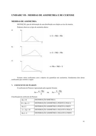 UNIDADE VII - MEDIDAS DE ASSIMETRIA E DE CURTOSE

MEDIDAS DE ASSIMETRIA
        DEFINIÇÃO: grau de deformação de uma distribuição em relação ao eixo de simetria.
        Podemos observar os tipos de assimetria abaixo:
a)


                                                          ⇒ x = Md = Mo




b)


                                                          ⇒ x < Md < Mo



c)


                                                          ⇒ Mo < Md < x




         Existem várias coeficientes com o objetivo de quantificar tais assimetrias. Estudaremos dois destes
coeficientes que veremos a seguir:


     COEFICIENTE DE PEARSON
        O coeficiente de Pearson é apresentado pela seguinte fórmula:
                                           µ − Mo                  x − Mo
                                  As =               ou     As =
                                              σ                       S
Classificação do coeficiente de Pearson:
               As = 0               DISTRIBUIÇÃO SIMÉTRICA

               0 < As < 1           DISTRIBUIÇÃO ASSIMÉTRICA POSITIVA FRACA

               As ≥ 1               DISTRIBUIÇÃO ASSIMÉTRICA POSITIVA FORTE

               - 1 < As < 0         DISTRIBUIÇÃO ASSIMÉTRICA NEGATIVA FRACA

               As ≤ -1              DISTRIBUIÇÃO ASSIMÉTRICA NEGATIVA FORTE




                                                                                                         61
 