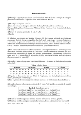 Lista de Exercícios 1

1) Identifique a população e a amostra correspondente à: A fim de avaliar a intenção de voto para
presidente dos brasileiros, 122 pessoas foram entrevistadas em Brasília.

2) Classifique as seguintes variáveis:
a) Conceitos obtidos na Disciplina Estatística (R:Ruim, M:Médio, B:Bom e O:Ótimo);
b) Bacias Hidrográficas (A:Amazônica, P:Platina, SF:São Francisco, N:do Nordeste, L:do Leste,
S:do Sul);
c) Número de sementes germinadas (0, 1, 2, 3, 4, 5);
d) Renda;

3) Selecione uma amostra de tamanho 10 dentre 80 funcionários, utilizando as técnicas de
amostragem aleatória simples e sistemática. Depois, levando em conta que o sexo dos funcionários
é importante na pesquisa, obtenha uma amostra de mesmo tamanho utilizando amostragem
estratificada proporcional considerando que dos 80 funcionários, 30 são mulheres e 50 são homens.
(Utilize a primeira linha da tabela de números aleatórios, quando for necessário)

4) Uma certa cidade possui N = 200 zonas eleitorais. Uma empresa destinada a fazer uma pesquisa
eleitoral vai selecionar aleatoriamente n = 15 zonas e entrevistar todos os elementos que estão
dentro dessas zonas eleitorais, isto é, foi utilizada amostragem por conglomerado. Apresentem
quais serão as 15 zonas eleitorais amostradas. (Utilize a primeira linha da tabela de números
aleatórios, quando for necessário)

5) Os dados a seguir referem-se aos conceitos obtidos de n = 60 alunos, na disciplina de Estatística
na Escola E.
                                       Tabela 1: Dados Brutos
           R : Ruim               M : Médio              B: Bom                O : Ótimo
     M R M M M R B B M M R B M M M M R B B R
     B M R M B M R M R M B M R M R M B M B M
     B B B B O M M M M M B B B B B B B O B O
a) Organize os dados abaixo em uma Tabela de Freqüências, com título, freqüências absoluta e
relativa, porcentagens e interpretação.
b) Faça os gráficos de barras,o de composição em setores e o de Pareto para os dados da Tabela 1.

6) Os dados abaixo se referem ao comprimento de 31 canos PVC vendidos em uma loja de material
de construção.
                                 Tabela 2: Dados Brutos (em m)
                 19,5 20,0 14,1 16,1 10,0 16,0 22,0 20,5 15,0 16,7 22,0
                 12,5 16,3 15,3 16,0 13,8 19,7 17,0 14,1 18,8 12,3
                 15,5 14,7 20,3 17,4 19,5 17,9 18,2 16,9 19,3 16,9

a) Obtenha as medidas de posição: mínimo, máximo, média, moda, mediana, Q1 e Q3.
b) Obtenha as medidas de dispersão: amplitude, variância, desvio-padrão e intervalo-interquartil.
Oliveira, D. C. R. e Oliveira, M. S.            41                                     ____/____/____
 