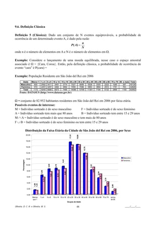 9.6. Definição Clássica

Definição 5 (Clássica): Dado um conjunto de N eventos equiprováveis, a probabilidade de
ocorrência de um determinado evento A, é dado pela razão
                                                   n
                                          P ( A) =
                                                   N
onde n é o número de elementos em A e N é o número de elementos em Ω.

Exemplo: Considere o lançamento de uma moeda equilibrada, nesse caso o espaço amostral
associado é Ω = {Cara, Coroa}. Então, pela definição clássica, a probabilidade de ocorrência do
evento “cara” é P(cara) =    .

Exemplo: População Residente em São João del Rei em 2006
         Idade   Menor 1               1a4           5 a 9 10 a 14 15 a 19 20 a 29 30 a 39 40 a 49 50 a 59 60 a 69 70 a 79 80 e mais                                                                                 Total
       Masculino   600                 2592          3411   3491    3774    7027    6699     5528   3300    2222    1085      397                                                                                    40126
       Feminino    572                 2457          3257   3482    3692    7059    7096     5863   3894    2910    1781      763                                                                                    42826
         Total    1172                 5049          6668   6973    7466    14086   13795   11391   7194    5132    2866     1160                                                                                    82952
     Fonte: DATASUS (http://www.datasus.gov.br)


Ω = conjunto de 82.952 habitantes residentes em São João del Rei em 2006 por faixa etária.
Possíveis eventos de interesse:
M = Indivíduo sorteado é do sexo masculino         F = Indivíduo sorteado é do sexo feminino
A = Indivíduo sorteado tem mais que 80 anos        B = Indivíduo sorteado tem entre 15 e 29 anos
M ∩ A = Indivíduo sorteado é do sexo masculino e tem mais de 80 anos
F ∪ B = Indivíduo sorteado é do sexo feminino ou tem entre 15 e 29 anos

                       Distribuição da Faixa Etária da Cidade de São João del Rei em 2006, por Sexo
                                                                                                    17,51




                       20,00
                                                                                                                    16,69




                       18,00
                                                                                                                            16,57




                       16,00
                                                                                                                                    13,78
                                                                                                            16,48




                       14,00
                                                                                                                                            13,69




                                                                                                                                                                                                             Masculino
                       12,00
                                                                                    9,41
         Porcentagem




                                                                                                                                                                                                             Feminino
                                                      8,50



                                                                      8,70




                       10,00
                                                                                                                                                    8,22
                                                                                                                                                           9,09
                                       6,46




                        8,00
                                                                                           8,62




                                                                                                                                                                  5,54
                                                                             8,13
                                                             7,61




                                                                                                                                                                         6,79




                        6,00
                                                                                                                                                                                2,70
                                              5,74




                        4,00
                                                                                                                                                                                       4,16
                                1,50
                                1,34




                                                                                                                                                                                               0,99




                        2,00
                                                                                                                                                                                                      1,78




                        0,00
                               Menos   1a4           5a9            10 a 14 15 a 19 20 a 29 30 a 39 40 a 49 50 a 59 60 a 69 70 a 79                                                           acima
                               que 1                                                                                                                                                          de 80
                                                                                                  Grupos de Idade

Oliveira, D. C. R. e Oliveira, M. S.                                                                                48                                                                                         ____/____/____
 