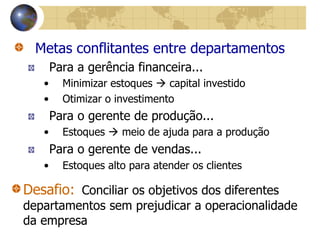 Metas conflitantes entre departamentos
Para a gerência financeira...
• Minimizar estoques  capital investido
• Otimizar o investimento
Para o gerente de produção...
• Estoques  meio de ajuda para a produção
Para o gerente de vendas...
• Estoques alto para atender os clientes
Desafio: Conciliar os objetivos dos diferentes
departamentos sem prejudicar a operacionalidade
da empresa
 