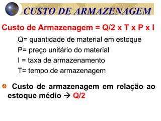 Custo de armazenagem em relação ao
estoque médio  Q/2
CUSTO DE ARMAZENAGEM
Custo de Armazenagem = Q/2 x T x P x I
Q= quantidade de material em estoque
P= preço unitário do material
I = taxa de armazenamento
T= tempo de armazenagem
 