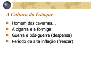 A Cultura do Estoque
Homem das cavernas...
A cigarra e a formiga
Guerra e pós-guerra (despensa)
Período de alta inflação (freezer)
 
