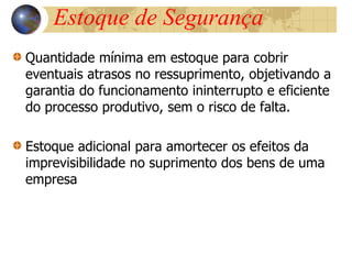 Quantidade mínima em estoque para cobrir
eventuais atrasos no ressuprimento, objetivando a
garantia do funcionamento ininterrupto e eficiente
do processo produtivo, sem o risco de falta.
Estoque adicional para amortecer os efeitos da
imprevisibilidade no suprimento dos bens de uma
empresa
Estoque de Segurança
 