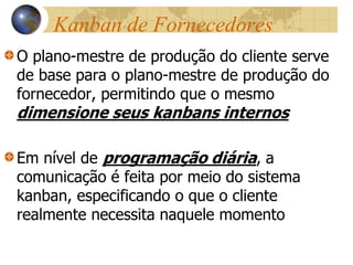 Kanban de Fornecedores
O plano-mestre de produção do cliente serve
de base para o plano-mestre de produção do
fornecedor, permitindo que o mesmo
dimensione seus kanbans internos
Em nível de programação diária, a
comunicação é feita por meio do sistema
kanban, especificando o que o cliente
realmente necessita naquele momento
 