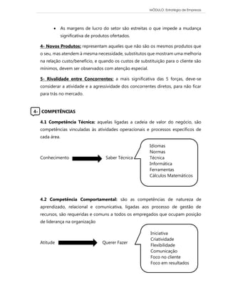 MÓDULO: Estratégia de Empresas 
 As margens de lucro do setor são estreitas o que impede a mudança significativa de produtos ofertados. 
4- Novos Produtos: representam aqueles que não são os mesmos produtos que o seu, mas atendem à mesma necessidade, substitutos que mostram uma melhoria na relação custo/benefício, e quando os custos de substituição para o cliente são mínimos, devem ser observados com atenção especial. 
5- Rivalidade entre Concorrentes: a mais significativa das 5 forças, deve-se considerar a atividade e a agressividade dos concorrentes diretos, para não ficar para trás no mercado. 
4- COMPETÊNCIAS 
4.1 Competência Técnica: aquelas ligadas a cadeia de valor do negócio, são competências vinculadas às atividades operacionais e processos específicos de cada área. 
Conhecimento Saber Técnica 
4.2 Competência Comportamental: são as competências de natureza de aprendizado, relacional e comunicativa, ligadas aos processo de gestão de recursos, são requeridas e comuns a todos os empregados que ocupam posição de liderança na organização 
Atitude Querer Fazer 
Idiomas 
Normas 
Técnica 
Informática 
Ferramentas 
Cálculos Matemáticos 
Iniciativa 
Criatividade 
Flexibilidade 
Comunicação 
Foco no cliente 
Foco em resultados  