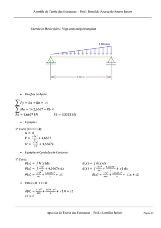 Apostila de Teoria das Estruturas – Prof.: Romildo Aparecido Soares Junior
Apostila de Teoria das Estruturas – Prof.: Romildo Junior Página 24
Exercícios Resolvidos : Viga com carga triangular
 Reações de Apoio:
∑
∑
 Equações:
1º Corte (0<=x<=4):
 Equações e Condições de Contorno:
1º Corte:
∫ ∫
∫ ∫
 Para x = 0 → d = 0
 
