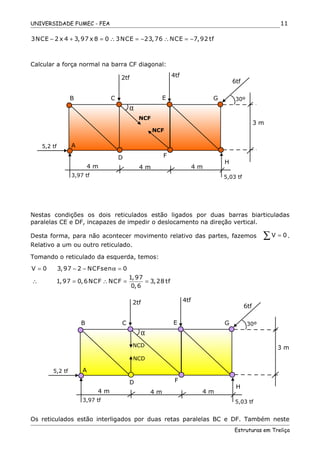UNIVERSIDADE FUMEC - FEA
3NCE 2 x 4 3,97 x 8 0 3NCE 23,76 NCE 7,92 tf− + = ∴ = − ∴ = −
Calcular a força normal na barra CF diagonal:
Nestas condições os dois reticulados estão ligados por duas barras biarticuladas
paralelas CE e DF, incapazes de impedir o deslocamento na direção vertical.
Desta forma, para não acontecer movimento relativo das partes, fazemos V 0=∑ .
Relativo a um ou outro reticulado.
Tomando o reticulado da esquerda, temos:
V 0 3,97 2 NCFsen 0
1,97
1,97 0,6NCF NCF 3,28 tf
0,6
= − − α =
∴ = ∴ = =
Os reticulados estão interligados por duas retas paralelas BC e DF. Também neste
Estruturas em Treliça
11
B E
D
A
2tf
3 m
5,2 tf
H
F
30ºC G
4tf
6tf
4 m
5,03 tf
4 m 4 m
3,97 tf
NCF
NCF
α
3 m
B E
D
A
2tf
5,2 tf
H
F
30ºC G
4tf
6tf
4 m
5,03 tf
4 m 4 m
3,97 tf
NCD
NCD
α
 