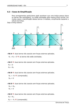 UNIVERSIDADE FUMEC - FEA
6.2 – Casos de Simplificação6.2 – Casos de Simplificação
Para carregamentos particulares pode acontecer que uma treliça possua barra
ou barras não solicitada(s), ou então solicitadas pela mesma força normal. Em
muitos casos a identificação destas barras é imediata, simplificando bastante o
cálculo da treliça.
Seja a treliça abaixo:
• Nó A  duas barras não coaxiais sem forças externas aplicadas.
N1 = N4 = 0  as barras não estão solicitadas.
• Nó C  duas barras não coaxiais sem forças externas aplicadas.
N5 = 0
N2 = N6
• Nó B  duas barras não coaxiais sem forças externas aplicadas.
N17 = -P3  (compressão).
N16 = 0
• Nó D  duas barras não coaxiais sem forças externas aplicadas.
N10 = N14
N13 = 0
• Nó E  duas barras não coaxiais sem forças externas aplicadas.
N8 = N12
N9 = - P2  (compressão).
Estruturas em Treliça
7
A E24 8
1
3
2
5 7 9
6
C
B
P1
12 16
11
10
13 15 17
14
D
P2
P3
 