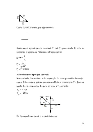 24
Como T1=1470N então, por trigonometria:
Assim, como agora temos os valores de T1 e de T3, para calcular T2 pode ser
utilizando o teorema de Pitágoras ou trigonometria:
Método da decomposição vetorial:
Neste método, deve-se fazer a decomposição do vetor que está inclinado (no
caso o T3) e, como o sistema está em equilíbrio, a componente T3x deve ser
igual a T2 e a componente T3y deve ser igual a T1, portanto:
Da figura podemos extrair o seguinte triângulo:
0 1
2
1
2 0
2
40
40
1751,88
T
tg
T
T
T
tg
T N
3 1
3
1470
y
y
T T W
T N
 