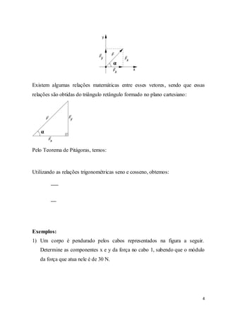 4
Existem algumas relações matemáticas entre esses vetores, sendo que essas
relações são obtidas do triângulo retângulo formado no plano cartesiano:
Pelo Teorema de Pitágoras, temos:
Utilizando as relações trigonométricas seno e cosseno, obtemos:
Exemplos:
1) Um corpo é pendurado pelos cabos representados na figura a seguir.
Determine as componentes x e y da força no cabo 1, sabendo que o módulo
da força que atua nele é de 30 N.
 