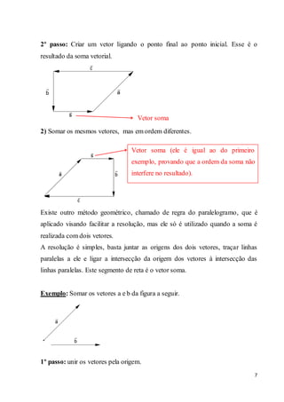 7
2º passo: Criar um vetor ligando o ponto final ao ponto inicial. Esse é o
resultado da soma vetorial.
Vetor soma
2) Somar os mesmos vetores, mas em ordem diferentes.
Existe outro método geométrico, chamado de regra do paralelogramo, que é
aplicado visando facilitar a resolução, mas ele só é utilizado quando a soma é
realizada com dois vetores.
A resolução é simples, basta juntar as origens dos dois vetores, traçar linhas
paralelas a ele e ligar a intersecção da origem dos vetores à intersecção das
linhas paralelas. Este segmento de reta é o vetor soma.
Exemplo: Somar os vetores a e b da figura a seguir.
1º passo: unir os vetores pela origem.
Vetor soma (ele é igual ao do primeiro
exemplo, provando que a ordem da soma não
interfere no resultado).
 