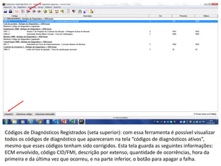 INDICADORES DE REPARO CATERPILLAR
13/07/2018 15
Códigos de Diagnósticos Registrados (seta superior): com essa ferramenta é possível visualizar
todos os códigos de diagnóstico que apareceram na tela “códigos de diagnósticos ativos”,
mesmo que esses códigos tenham sido corrigidos. Esta tela guarda as seguintes informações:
ECM envolvido, código CID/FMI, descrição por extenso, quantidade de ocorrências, hora da
primeira e da última vez que ocorreu, e na parte inferior, o botão para apagar a falha.
 