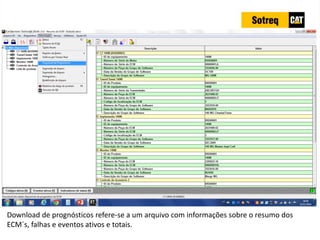 INDICADORES DE REPARO CATERPILLAR
13/07/2018 39
Download de prognósticos refere-se a um arquivo com informações sobre o resumo dos
ECM´s, falhas e eventos ativos e totais.
 
