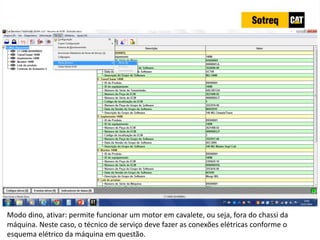 INDICADORES DE REPARO CATERPILLAR
13/07/2018 75
Modo dino, ativar: permite funcionar um motor em cavalete, ou seja, fora do chassi da
máquina. Neste caso, o técnico de serviço deve fazer as conexões elétricas conforme o
esquema elétrico da máquina em questão.
 