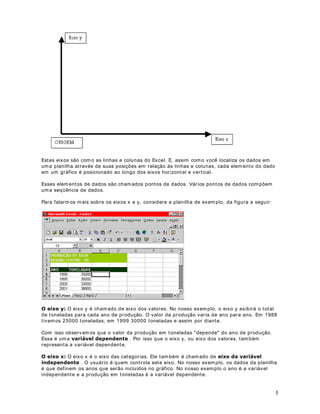 na opção Cient ífico surgirá a j anela indicada na figura a seguir :




A opção Cient ífico faz com que os núm eros sej am ex ibidos em not ação Cient ífica. A única

em QRWDomR cient ífica, com 3 casas decim ais será exibido da seguint e m aneira: 2,500E+ 03.
opção que podem os configurar é o núm ero de casas decim ais. Por exem plo, o núm ero 2500,



Mesm o que ex ist am valor es QXPpULFRV , est es serão considerados com o t ext o e não poderão
4. Dê um clique na opção Text o. Est a opção for m at a as células selecionadas com o sendo t ext o.

ser feit as operações ar it m ét icas.

5. Dê um clique na opção Hora. Ao clicar na opção +RUD surgirá a j anela indicada na figura a
seguir :




                                                                                                 15
 