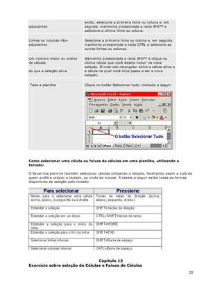 Após as alt erações, ut ilize o com ando $UTXLYR ! 6DOYDU RPR


                                            DStWXOR 
$ %DUUD GH )HUUDPHQWDV 3DGUmR

2EMHWLYR Nest e capít ulo apr esent ar em os os bot ões/ função da Bar ra de Fer ram ent as Padrão.

$ %DUUD GH )HUUDPHQWDV 3DGUmR

Na Figura a seguir, t em os a Bar ra de Fer ram ent as Padrão. Nest a barra t em os acesso a um a
série de bot ões, os quais execut am funções básicas do Excel.




$ VHJXLU YHUHPRV D IXQomR GH FDGD XP GHVWHV ERW}HV

·   %RWmR 1RYR Cria um a nova planilha, em branco, com um nom e seqüencial no form at o

após t er sido abert o o Excel) e assim por diant e. Equivalent e ao com ando $UTXLYR ! 1RYR .
Plan1 ( prim eira planilha criada após t er sido abert o o Excel) , Plan2 ( segunda planilha cr iada



·   %RWmR $EULU Per m it e abrir um a planilha grav ada no disco r ígido. Ao clicarm os nest e bot ão

Equivalent e ao com ando $UTXLYR ! $EULU .
é abert a a j anela Abr ir, onde podem os selecionar a past a onde est a a planilha a ser abert a.



·    %RWmR 6DOYDU Salv a as alt erações feit as na past a de t rabalho at ual. Se v ocê est iv er
salvando um a past a pela prim eira vez, ao clicar nest e bot ão é abert a a j anela  Salvar Com o .
Você deve escolher o local onde vai salvar a past a e at r ibuir um nom e para a past a que est á

                                                                                                     15
 