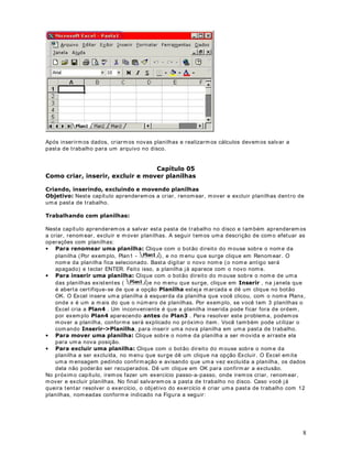 Após inser irm os dados, criar m os nov as planilhas e r ealizarm os cálculos dev em os salv ar a
past a de t rabalho para um arquivo no disco.


                                  DStWXOR 
RPR FULDU LQVHULU H[FOXLU H PRYHU SODQLOKDV

ULDQGR LQVHULQGR H[FOXLQGR H PRYHQGR SODQLOKDV
2EMHWLYR Nest e capít ulo apr ender em os a cr iar, r enom ear, m over e excluir planilhas dent ro de
um a past a de t rabalho.

7UDEDOKDQGR FRP SODQLOKDV

Nest e capít ulo apr ender em os a salvar est a past a de t rabalho no disco e t am bém aprender em os
a criar, renom ear, excluir e m over planilhas. A seguir t em os um a descrição de com o efet uar as

• 3DUD UHQRPHDU XPD SODQLOKD Clique com o bot ão direit o do m ouse sobre o nom e da
operações com planilhas:

    planilha ( Por ex em plo, Plan1 -             ) , e no m enu que surge clique em Renom ear . O
    nom e da planilha fica selecionado. Bast a digit ar o novo nom e ( o nom e ant igo será

• 3DUD LQVHULU XPD SODQLOKD Clique com o bot ão dir eit o do m ouse sobre o nom e de um a
    apagado) e t eclar ENTER. Feit o isso, a planilha j á aparece com o novo nom e.

                                          ) e no m enu que surge, clique em ,QVHULU , na j anela que
    é abert a cert ifique- se de que a opção 3ODQLOKD est ej a m arcada e dê um clique no bot ão
    das planilhas ex ist ent es (

    OK. O Excel insere um a planilha à esquerda da planilha que v ocê clicou, com o nom e Planx ,

    Excel cr ia a 3ODQ . Um inconv enient e é que a planilha inser ida pode ficar fora de ordem ,
    onde x é um a m ais do que o núm er o de planilhas. Por exem plo, se v ocê t em 3 planilhas o

    por ex em plo 3ODQ aparecendo DQWHV de 3ODQ . Para resolv er est e pr oblem a, podem os

    com ando ,QVHULU!3ODQLOKD, para inser ir um a nova planilha em um a past a de t rabalho.
    m ov er a planilha, confor m e será explicado no pr óx im o it em . Você t am bém pode ut ilizar o

• 3DUD PRYHU XPD SODQLOKD Clique sobr e o nom e da planilha a ser m ovida e ar rast e ela

• 3DUD H[FOXLU XPD SODQLOKD Clique com o bot ão dir eit o do m ouse sobr e o nom e da
    para um a nova posição.

    planilha a ser excluída, no m enu que surge dê um clique na opção Excluir. O Excel em it e
    um a m ensagem pedindo confirm ação e av isando que um a v ez excluída a planilha, os dados
    dela não poderão ser recuperados. Dê um clique em OK para confirm ar a exclusão.
No próxim o capít ulo, irem os fazer um ex ercício passo- a- passo, onde irem os criar, r enom ear ,
m ov er e excluir planilhas. No final salvarem os a past a de t rabalho no disco. Caso você j á
queira t ent ar resolv er o ex ercício, o obj et ivo do ex ercício é criar um a past a de t rabalho com 12
planilhas, nom eadas conform e indicado na Figura a seguir :




                                                                                                        8
 
