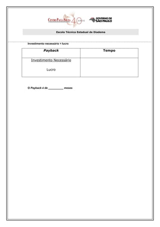Escola Técnica Estadual de Diadema



Investimento necessário ÷ lucro

            Payback                                   Tempo

  Investimento Necessário

              Lucro




O Payback é de __________ meses
 