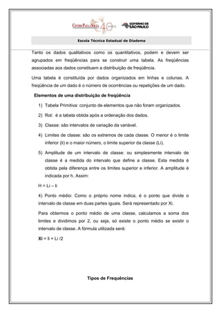 Escola Técnica Estadual de Diadema


Tanto os dados qualitativos como os quantitativos, podem e devem ser
agrupados em freqüências para se construir uma tabela. As freqüências
associadas aos dados constituem a distribuição de freqüência.

Uma tabela é constituída por dados organizados em linhas e colunas. A
freqüência de um dado é o número de ocorrências ou repetições de um dado.

 Elementos de uma distribuição de freqüência

   1) Tabela Primitiva: conjunto de elementos que não foram organizados.

   2) Rol: é a tabela obtida após a ordenação dos dados.

   3) Classe: são intervalos de variação da variável.

   4) Limites de classe: são os extremos de cada classe. O menor é o limite
       inferior (li) e o maior número, o limite superior da classe (Li).

   5) Amplitude de um intervalo de classe: ou simplesmente intervalo de
       classe é a medida do intervalo que define a classe. Esta medida é
       obtida pela diferença entre os limites superior e inferior. A amplitude é
       indicada por h. Assim:

   H = Li – li

   4) Ponto médio: Como o próprio nome indica, é o ponto que divide o
   intervalo de classe em duas partes iguais. Será representado por Xi.

   Para obtermos o ponto médio de uma classe, calculamos a soma dos
   limites e dividimos por 2, ou seja, só existe o ponto médio se existir o
   intervalo de classe. A fórmula utilizada será:

   Xi = li + Li /2




                              Tipos de Frequências
 