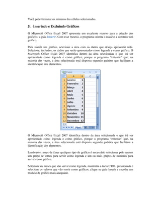 Você pode formatar os números das células selecionadas.

5. Inserindo e Excluindo Gráficos
O Microsoft Office Excel 2007 apresenta um excelente recurso para a criação dos
gráficos: a guia Inserir. Com esse recurso, o programa orienta o usuário a construir um
gráfico.

Para inserir um gráfico, selecione a área com os dados que deseja apresentar nele.
Selecione, inclusive, os dados que serão apresentados como legenda e como gráfico. O
Microsoft Office Excel 2007 identifica dentro da área selecionada o que irá ser
apresentado como legenda e como gráfico, porque o programa “entende” que, na
maioria das vezes, a área selecionada está disposta segundo padrões que facilitam a
identificação dos elementos.




O Microsoft Office Excel 2007 identifica dentro da área selecionada o que irá ser
apresentado como legenda e como gráfico, porque o programa “entende” que, na
maioria das vezes, a área selecionada está disposta segundo padrões que facilitam a
identificação dos elementos.

Lembrasse: antes de fazer qualquer tipo de gráfico é necessário selecionar pelo menos
um grupo de textos para servir como legenda e um ou mais grupos de números para
servir como gráfico.

Selecione os meses que vão servir como legenda, mantenha a tecla CTRL pressionada e
selecione os valores que vão servir como gráficos, clique na guia Inserir e escolha um
modelo de gráfico mais adequado.
 