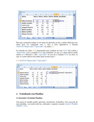 Para que o programa indique se um aluno foi aprovado ou não, a média obtida por esse
aluno deve ser comparada com 5. Isso é feito digitando-se a fórmula
=Se(F3<5;”Reprovado”;”Aprovado”) na célula G3.

O conteúdo da célula G3 é determinado pela condição de teste F3<5. Ela exibirá o
“Reprovado” caso a condição F3<5 seja verdadeira, ou seja, se o aluno obtiver média
inferior a 5. Mostrará o valor “Aprovado” no caso de a condição F3<5 ser falsa, ou
seja, se o aluno obtiver uma média igual ou maior que 5.
Célula Fórmula
G3 =Se(F3<5;”Reprovado”;”Aprovado”)




2. Trabalhando com Planilhas
2.1 Inserindo e Excluindo Planilhas

Uma pasta de trabalho padrão apresenta, inicialmente, 3 planilhas. Caso necessite de
mais planilhas, você pode incluí-las, utilizando o seguinte comando: Inserir Planilha
(SHIFT + F11).
 