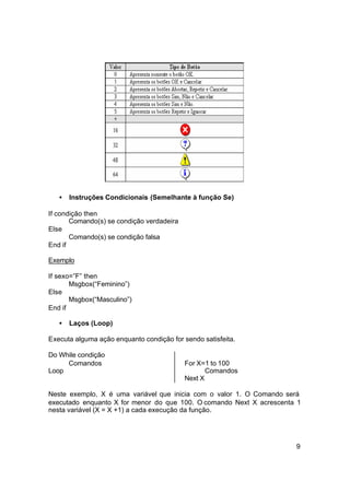 •   Instruções Condicionais (Semelhante à função Se)

If condição then
       Comando(s) se condição verdadeira
Else
       Comando(s) se condição falsa
End if

Exemplo

If sexo=”F” then
       Msgbox(“Feminino”)
Else
       Msgbox(“Masculino”)
End if

   •   Laços (Loop)

Executa alguma ação enquanto condição for sendo satisfeita.

Do While condição
     Comandos                              For X=1 to 100
Loop                                              Comandos
                                           Next X

Neste exemplo, X é uma variável que inicia com o valor 1. O Comando será
executado enquanto X for menor do que 100. O comando Next X acrescenta 1
nesta variável (X = X +1) a cada execução da função.




                                                                      9
 