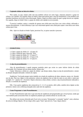 Copiando células ou faixa de células:

       Para copiar, ou seja, manter onde está mas também colocar em outro lugar, selecione primeiro o grupo de
células a ser copiado. Em seguida clique no botão Copiar para passar para a área de transferência. Uma moldura com
tracinhos luminosos envolverá a área selecionada. Depois, clique na célula a partir da qual o grupo deverá ser copiado.
Em seguida, clique no botão Colar e o grupo de células será copiado na nova posição.

       É possível, também, copiar o conteúdo de apenas uma célula para uma faixa com várias células, utilizando o
mesmo procedimento. A única diferença é que você selecionará apenas uma célula para copiar e uma faixa com várias
células para Colar.

      Obs.: Após ter clicado no botão Copiar, pressione Esc, se quiser cancelar o processo.




                                         Colar
                                        Copiar
                                        Recortar


      EXERCÍCIOS:

      1. Copie o grupo de células A1 : A3 para A5.
      2. Copie a célula B1 para a faixa B5 : B10.
      3. Copie o grupo de células A1 : C2 para C7.
      4. Copie o grupo de células B1 : C3 para C10.
      5. Copie o grupo de células A1 : C3 para E1.


      A alça de preenchimento:

       Alça de preenchimento é aquele pequeno pontinho preto que existe no canto inferior direito da célula
selecionada. Ela é bastante útil em muitas tarefas. Dentre elas:
       Copiar: Selecione a célula (ou grupo de células) que deseja cópias, clique na alça de preenchimento e arraste
na direção desejada indicando o número de cópias.

      Seqüências: Você pode poupar muito trabalho em criação de seqüências de datas, números, meses, etc. fazendo
uso da alça. Para isso, digite os dois primeiros valores da seqüência (um ao lado do outro ou um sobre o outro) por
exemplo: A1 = janeiro A2 = Fevereiro. Depois selecione as duas células e arraste a alça de preenchimento indicando a
direção e a extensão da seqüência.

      Obs.: Caso queira seqüências não consecutivas (1, 2, 4, 6 ou janeiro, abril, julho, outubro) deve digitar os dois
primeiros valores com a diferença desejada entre cada item da seqüência.

      Como Programar o Auto Preenchimento:

      O Auto Preenchimento nada mais é que uma lista de seqüências pré-programadas que o Excel possui, sendo que
você também pode acrescentar listas ou seqüências próprias que costuma utilizar no seu dia a dia.

      Par utilizar este recurso oferecido pelo Excel, ative no menu “ferramentas” o comando “opções”, note a abertura
da caixa de diálogo Opções. Dê um clique sobre a guia “listas” para ativá-la. Veja a figura abaixo:




                                                          12
 