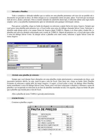 Salvando a Planilha:

      Todo o complexo e delicado trabalho que se realiza em uma planilha permanece sob risco de ser perdido até o
documento ser gravado no disco. Se faltar energia ou se o computador entrar em pane, adeus. Você terá que recomeçar
tudo de novo, desde o princípio. Para se manter afastado de catástrofes desse tipo, é suficiente adotar uma regra muito
simples: salve a sua planilha imediatamente após ter introduzido nela qualquer informação valiosa.

       Para gravar a planilha, clique no botão do disquete ou selecione a opção Salvar do menu Arquivo. Sempre que
você grava uma planilha pela primeira vez, o Excel exibe uma caixa de diálogo chamada Salvar Como. Selecione o
diretório onde deseja salvar e no campo Nome do Arquivo digite TABELA. Depois é só clicar sobre o botão Ok e a
planilha será salva no diretório selecionado com o nome de TABELA. Depois da primeira vez, o Excel não mais exibe
a caixa de diálogo Salvar Como. Se desejar salvar a planilha com outro nome, selecione a opção Salvar Como do
menu Arquivo.




      Abrindo uma planilha já existente:

       Sempre que você desejar fazer alterações em uma planilha criada anteriormente e armazenada em disco, será
necessário primeiro abrí-la, ou seja, trazê-la para a tela do Excel. Para fazer isto, clique no botão Abrir Planilha
Existente ou selecione a opção abrir do menu Arquivo. A seguir, o Excel exibe a caixa de diálogo Abrir Planilha,
muito semelhante à caixa de diálogo Salvar Como. Nesta caixa você deve selecionar o diretório e informar o nome da
planilha a ser recuperada ou selecioná-la na lista de planilhas mostradas na tela. Em seguida, clique no botão Ok para
que a planilha seja trazida para a tela do Excel.

      Abra a planilha de nome TABELA gravada anteriormente.

      EXERCÍCIOS:

      Construa a planilha a seguir:




                                                          16
 