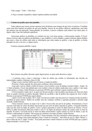 Valor a pagar = Valor + Valor Juros

      4. Faça a correção ortográfica e depois imprima também esta tabela.



      Criando um gráfico para uma planilha:

      Todos sabemos que nossas mentes registram mais facilmente uma imagem do que texto ou números. É também
muito mais fácil analisar um gráfico do que uma planilha. Através de um gráfico obtêm-se, rapidamente, uma idéia
dos números que ele representa. Numa planilha, ao contrário, é preciso comparar cada número com outros para, só
depois, saber o que eles realmente significam.

       Acrescentar gráficos às planilhas, ao contrário do que você possa pensar, é relativamente simples. O Excel
oferece diversos tipos de gráficos pré-definidos, o que simplifica o nosso trabalho a apenas informar alguns detalhes
tais como: a faixa de células onde estão as informações que serão usadas no gráfico, o tipo de gráfico, os títulos
principal, do eixo x, do eixo y e alguns outros.

      Construa a pequena planilha a seguir:




      Para criarmos um gráfico devemos seguir alguns passos, os quais serão descritos a seguir:

       - A primeira coisa a fazer é selecionar a faixa de células que contém as informações que deverão ser
representadas o gráfico. Selecione a faixa A1:D4.
       - Clique o ícone Auxiliar Gráfico que irá iniciar a criação do gráfico.
       - Pressione o botão esquerdo do mouse para confirmar a faixa selecionada.
       - Logo após você ter soltado o botão do mouse o Excel exibirá a caixa de diálogo Auxiliar Gráfico - Etapa 1 de
5. Neste momento o Excel está pedindo para você conferir a faixa de células usadas para criar o gráfico. Caso esteja
errado arrume-o. Clique o botão Próximo ou pressione ENTER para confirmar e passar à próxima etapa.
       - O Excel passará à etapa 2 de 5, na qual você deverá escolher o tipo de gráfico que deseja usar. Para isto, basta
clicar no quadro referente ao gráfico desejado. Depois de escolhido o tipo de gráfico não esqueça de clicar o botão
Próximo ou pressionar ENTER para seguir adiante.
       - Agora o Excel está na etapa 3 de 5, onde você deverá escolher uma das possíveis variações do tipo de gráfico
escolhido no passo anterior. Depois de escolher uma das variações confirme a operação passando à próxima etapa
clicando o botão Próxima.
       - Neste momento estamos na etapa 4 de 5, onde o Excel exibe uma prévia do gráfico. Normalmente o Excel
converte cada linha de valores da tabela selecionada em uma série de dados separada no gráfico. A legenda identifica
cada uma das séries de dados do gráfico. Como o gráfico representa as séries de dados através de colunas, o Excel
utiliza os dados da primeira linha para rotular o eixo X. Os dados da primeira coluna são usados como os itens de
legenda. Se quiser, você pode trocar as séries de dados selecionando a opção colunas ao invés de linhas, o que irá
inverter a representação no gráfico. Não esqueça de confirmar esta etapa clicando o botão Próxima.
       - Agora o Excel se encontra na etapa 5 de 5. Neste momento você deve introduzir o título principal, o do eixo X
e o do eixo Y. Coloque como título principal a frase “Contas do Trimestre”. Para título do eixo X, digite “Meses” e,
para o título do eixo Y, digite “Contas”. Você pode pressionar o botão Finalizar ou teclar ENTER para que o gráfico
esteja terminado e visível na tela.

                                                           24
 