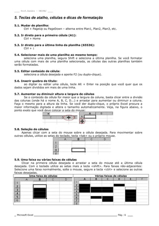 ____ Prof.Sandro – UNIPAC ____
_ Microsoft Excel _________________________________________________ Pág.: 6 ___
5. Teclas de atalho, células e dicas de formatação
5.1. Mudar de planilha:
Ctrl + PageUp ou PageDown – alterna entre Plan1, Plan2, Plan3, etc.
5.2. Ir direto para a primeira célula (A1):
Ctrl + Home
5.3. Ir direto para a última linha da planilha (65536):
Ctrl + ↓
5.4. Selecionar mais de uma planilha ao mesmo tempo:
seleciona uma planilha, segura Shift e seleciona a última planilha. Se você formatar
uma célula com mais de uma planilha selecionada, as células das outras planilhas também
serão formatadas.
5.5. Editar conteúdo de célula:
seleciona a célula desejada e aperte F2 (ou duplo-clique).
5.6. Inserir quebra de título:
ao digitar ou editar uma célula, tecle Alt + Enter na posição que você quer que os
dados sejam divididos em mais de uma linha.
5.7. Aumentar ou diminuir altura e largura de células
Se o conteúdo da célula for maior que a largura da coluna, basta clicar entre a divisão
das colunas (onde há o nome A, B, C, D...) e arrastar para aumentar ou diminuir a coluna.
Faça o mesmo para a altura da linha. Se você der duplo-clique, o próprio Excel procura a
maior informação digitada e altera o tamanho automaticamente. Veja, na figura abaixo, o
ponto exato que você deve colocar a seta do mouse:
5.8. Seleção de células
Apenas clicar com a seta do mouse sobre a célula desejada. Para movimentar sobre
outras células, utilize as setas do teclado, tecla <tab> ou o próprio mouse.
5.9. Uma faixa ou várias faixas de células
Clicar na primeira célula desejada e arrastar a seta do mouse até a última célula
desejada. Com o teclado utilize as setas mais a tecla <shift>. Para faixas não-adjacentes:
Selecione uma faixa normalmente, solte o mouse, segure a tecla <ctrl> e selecione as outras
faixas desejadas.
Uma faixa de células Várias faixas de células
 