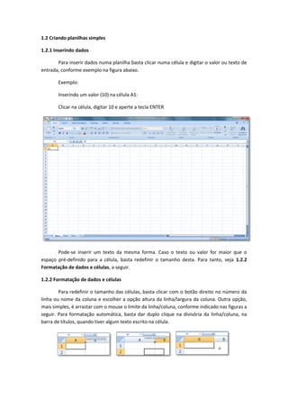 1.2 Criando planilhas simples

1.2.1 Inserindo dados

       Para inserir dados numa planilha basta clicar numa célula e digitar o valor ou texto de
entrada, conforme exemplo na figura abaixo.

       Exemplo:

       Inserindo um valor (10) na célula A1:

       Clicar na célula, digitar 10 e aperte a tecla ENTER




       Pode-se inserir um texto da mesma forma. Caso o texto ou valor for maior que o
espaço pré-definido para a célula, basta redefinir o tamanho desta. Para tanto, veja 1.2.2
Formatação de dados e células, a seguir.

1.2.2 Formatação de dados e células

        Para redefinir o tamanho das células, basta clicar com o botão direito no número da
linha ou nome da coluna e escolher a opção altura da linha/largura da coluna. Outra opção,
mais simples, é arrastar com o mouse o limite da linha/coluna, conforme indicado nas figuras a
seguir. Para formatação automática, basta dar duplo clique na divisória da linha/coluna, na
barra de títulos, quando tiver algum texto escrito na célula.
 