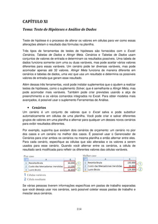 114
CAPÍTULO XI
Tema: Teste de Hipóteses e Análise de Dados
Teste de hipótese é o processo de alterar os valores em células para ver como essas
alterações afetam o resultado das fórmulas na planilha.
Três tipos de ferramentas de testes de hipóteses são fornecidos com o Excel:
Cenários, Tabelas de Dados e Atingir Meta. Cenários e Tabelas de Dados usam
conjuntos de valores de entrada e determinam os resultados possíveis. Uma tabela de
dados funciona somente com uma ou duas variáveis, mas pode aceitar vários valores
diferentes para essas variáveis. Um cenário pode ter diversas variáveis, mas pode
acomodar apenas até 32 valores. Atingir Meta funciona de maneira diferente em
cenários e tabelas de dados, uma vez que usa um resultado e determina os possíveis
valores de entrada que geram esse resultado.
Além dessas três ferramentas, você pode instalar suplementos que o ajudem a realizar
testes de hipóteses, como o suplemento Solver, que é semelhante a Atingir Meta, mas
pode acomodar mais variáveis. Também pode criar previsões usando a alça de
preenchimento e os vários comandos integrados no Excel. Para obter modelos mais
avançados, é possível usar o suplemento Ferramentas de Análise.
• Cenários
Um cenário é um conjunto de valores que o Excel salva e pode substituir
automaticamente em células de uma planilha. Você pode criar e salvar diferentes
grupos de valores em uma planilha e alternar para qualquer um desses novos cenários
para exibir resultados diferentes.
Por exemplo, suponha que existam dois cenários de orçamento: um cenário no pior
dos casos e um cenário no melhor dos casos. É possível usar o Gerenciador de
Cenários para criar ambos os cenários na mesma planilha e então alternar entre eles.
Para cada cenário, especifique as células que são alteradas e os valores a serem
usados para esse cenário. Quando você alternar entre os cenários, a célula de
resultado será modificada para refletir os diferentes valores das células variáveis.
Se várias pessoas tiverem informações específicas em pastas de trabalho separadas
que você deseja usar nos cenários, será possível coletar essas pastas de trabalho e
mesclar seus cenários.
 