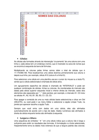 12
• Células
As células são formadas através da intersecção “cruzamento” de uma coluna com uma
linha e, cada célula tem um endereço (nome), que é mostrado na caixa de nomes que
se encontra à esquerda da barra de fórmulas.
Multiplicando as colunas pelas linhas vamos obter o total de células que é
17.179.869.184. Para localizarmos uma célula dizemos primeiramente sua coluna e
depois sua linha, por exemplo, célula A10 (coluna A e linha10);
Para selecionar uma célula em uma planilha usa-se o cursor do mouse ou a tecla F5,
sendo que a célula selecionada é chamada de célula ativa.
Um agrupamento específico de células é chamado de “INTERVALO” e pode ser
qualquer combinação de células, linhas ou colunas. As coordenadas do intervalo são
dadas pela célula superior esquerda inicial e inferior direita do intervalo, estes dois
elementos são separados por “ : ” (dois pontos), por exemplo, o intervalo A1: C3 inclui
as células A1, A2, A3, B1, B2, B3, C1, C2, C3.
Para apagar o conteúdo de uma ou mais células basta selecioná-las e clicar em Del
(DELETE), ou você pode ir ao menu Editar e selecionar a opção Limpar Tudo, na
janela que aparecer escolha a opção Tudo.
Sempre que você entra com dados em uma célula, eles são alinhados
automaticamente de acordo com o tipo de dado. Dados numéricos são alinhados à
direita da célula enquanto textos são alinhados à esquerda.
• Largura e Altura
Uma sequência de símbolos “ # ” em uma célula indica que a coluna não é larga o
suficiente para exibir os resultados das formulas. A formatação e a fonte selecionada,
freqüentemente torna os dados mais extensos do que a largura padrão das colunas.
 