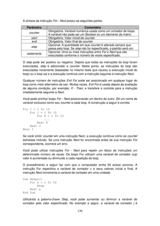 136
A sintaxe da instrução For - Next possui as seguintes partes:
Parâmetro Comentário
counter
Obrigatória. Variável numérica usada como um contador de loops.
A variável não pode ser um Boolean ou um elemento da matriz.
start Obrigatória. Valor inicial de counter.
end Obrigatória. Valor final de counter.
step
Opcional. A quantidade em que counter é alterado sempre que
passa pelo loop. Se step não for especificado, o padrão será um.
statements
Opcional. Uma ou mais instruções entre For e Next que são
executadas conforme o número de vezes especificado.
O step pode ser positivo ou negativo. Depois que todas as instruções do loop foram
executadas, step é adicionado a counter. Neste ponto, as instruções do loop são
executadas novamente (baseadas no mesmo teste que causou a execução inicial do
loop) ou o loop sai e a execução continua com a instrução seguinte à instrução Next.
Qualquer número de instruções Exit For pode ser posicionado em qualquer lugar do
loop como meio alternativo de sair. Muitas vezes, Exit For é usada depois da avaliação
de alguma condição, por exemplo, If - Then, e transfere o controle para a instrução
imediatamente seguinte a Next.
Você pode aninhar loops For - Next posicionando um dentro do outro. Dê um nome de
variável exclusivo como seu counter a cada loop. A construção a seguir é correta:
For I = 1 To 10
For J = 1 To 10
For K = 1 To 10
...
Next K
Next J
Next I
Se você omitir counter em uma instrução Next, a execução continua como se counter
estivesse incluído. Se uma instrução Next for encontrada antes de sua instrução For
correspondente, ocorrerá um erro.
Você pode utilizar instruções For - Next para repetir um bloco de instruções um
determinado número de vezes. Os loops For utilizam uma variável de contador cujo
valor é aumentado ou diminuído a cada repetição do loop.
O procedimento a seguir faz com que o computador emita 50 avisos sonoros. A
instrução For especifica a variável de contador x e seus valores inicial e final. A
instrução Next incrementa a variável de contador em uma unidade.
Sub Beeps()
For x = 1 To 50
Beep
Next x
End Sub
Utilizando a palavra-chave Step, você pode aumentar ou diminuir a variável de
contador pelo valor especificado. No exemplo a seguir, a variável de contador j é
 