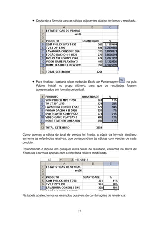 27
! Copiando a fórmula para as células adjacentes abaixo, teríamos o resultado:
! Para finalizar, bastaria clicar no botão Estilo de Porcentagem , na guia
Página Inicial, no grupo Número, para que os resultados fossem
apresentados em formato percentual.
Como apenas a célula do total de vendas foi fixada, a cópia da fórmula atualizou
somente as referências relativas, que correspondiam às células com vendas de cada
produto.
Posicionando o mouse em qualquer outra célula de resultado, veríamos na Barra de
Fórmulas a fórmula apenas com a referência relativa modificada.
Na tabela abaixo, temos os exemplos possíveis de combinações de referência:
 