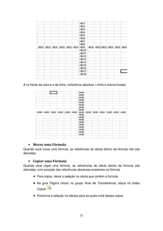 31
$ na frente da coluna e da linha: (referência absoluta = linha e coluna fixada)
• Mover uma Fórmula
Quando você move uma fórmula, as referências de célula dentro da fórmula não são
alteradas.
• Copiar uma Fórmula
Quando você copia uma fórmula, as referências de célula dentro da fórmula são
alteradas, com exceção das referências absolutas existentes na fórmula.
! Para copiar, deixe a seleção na célula que contém a fórmula.
! Na guia Página Inicial, no grupo Área de Transferência, clique no botão
Copiar .
! Posicione a seleção na células para as quais você deseja copiar.
 