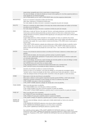 36
essas teclas navegarão para cima ou para baixo no grupo da guia.
Na caixa de diálogo, as teclas de direção se movem entre opções em uma lista suspensa aberta ou
entre opções em um grupo de opções
SETA PARA BAIXO ou ALT+SETA PARA BAIXO abre uma lista suspensa selecionada.
BACKSPACE Exclui um caractere à esquerda na Barra de Fórmulas.
Além disso, desmarca o conteúdo da célula ativa.
No modo edição de célula, ele exclui o caractere à esquerda do ponto de inserção.
DELETE Remove o conteúdo da célula (dados e fórmulas) das células selecionadas sem afetar os formatos
de célula ou os comentários.
No modo edição de célula, ele exclui o caractere à direita do ponto de inserção.
END END ativa o modo de Término. No modo de Término, você pode pressionar uma tecla de seta para
mover para a próxima célula preenchida na mesma coluna ou linha como a célula ativa. Se as
células estiverem em branco, pressione END seguida por uma seta para mover para a última célula
na linha ou coluna.
A tecla END seleciona o último comando no menu quando um menu ou submenu fica visível.
CTRL + END move para a última célula em uma planilha, para a linha usada mais abaixo da coluna
da direita mais usada. Se o cursor estiver na barra de fórmulas, CTRL+END move o cursor para o
final do texto.
CTRL+SHIFT+END estende a seleção das células para a última célula utilizada na planilha (canto
inferior direito). Se o cursor estiver na barra de fórmulas, CTRL+SHIFT+END seleciona todos os
textos na barra de fórmulas da posição do cursor até o final — isso não afeta a altura da barra de
fórmulas.
ENTER Conclui uma entrada de célula da célula ou da Barra de Fórmulas e seleciona a célula abaixo (por
padrão).
No formulário de dados, ele move para o primeiro campo no próximo registro.
Abre um menu selecionado (pressione F10 para ativar a barra de menus) ou executa a ação para
um comando selecionado.
Na caixa de diálogo, ele executa a ação do botão de comando padrão na caixa de diálogo (o botão
com o contorno em negrito, geralmente o botão OK).
ALT+ENTER inicia uma nova linha na mesma célula.
CTRL+ENTER preenche o intervalo de células selecionado com a entrada atual.
SHIFT+ENTER conclui uma entrada de célula e seleciona a célula de cima.
ESC Cancela uma entrada na célula ou na barra de fórmulas.
Fecha um menu ou um submenu, uma caixa de diálogo ou uma janela de mensagens aberta.
Também fecha o modo de exibição de tela inteira, quando esse modo está aplicado, e retorna ao
modo de exibição de tela normal para exibir novamente a faixa de opções e a barra de status.
HOME Move para o início de uma linha em uma planilha.
Move para a célula no canto superior esquerdo da janela quando SCROLL LOCK está ativado.
Seleciona o primeiro comando no menu quando um menu ou submenu fica visível.
CTRL+HOME move para o início de uma planilha.
CTRL+SHIFT+HOME estende a seleção de células até o início da planilha.
PAGE DOWN Move uma tela para baixo na planilha.
ALT+PAGE DOWN move uma tela para a direita na planilha.
CTRL+PAGE DOWN move para a próxima planilha na pasta de trabalho.
CTRL+SHIFT+PAGE DOWN seleciona a planilha atual e a próxima planilha na pasta de trabalho.
PAGE UP Move uma tela para cima na planilha.
ALT+PAGE UP move uma tela para a esquerda na planilha.
CTRL+PAGE UP move para a planilha anterior na pasta de trabalho.
CTRL+SHIFT+PAGE UP seleciona a planilha atual e a anterior na pasta de trabalho.
BARRA DE
ESPAÇOS
Em uma caixa de diálogo, executa a ação para o botão selecionado ou marca uma caixa de
seleção.
CTRL+BARRA DE ESPAÇOS seleciona uma coluna inteira na planilha.
SHIFT+BARRA DE ESPAÇOS seleciona uma linha inteira na planilha.
CTRL+SHIFT+BARRA DE ESPAÇOS seleciona a planilha inteira.
Se a planilha contiver dados, CTRL+SHIFT+BARRA DE ESPAÇOS seleciona a região atual.
Pressionar CTRL+SHIFT+BARRA DE ESPAÇOS novamente seleciona a região atual e suas linhas
de resumo. Pressionar CTRL+SHIFT+BARRA DE ESPAÇOS mais uma vez seleciona a planilha
inteira.
 