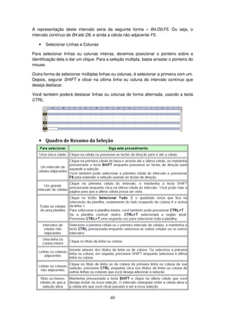 40
A representação deste intervalo seria da seguinte forma – B4:D9;F5. Ou seja, o
intervalo contínuo de B4 até D9, e ainda a célula não adjacente F5.
• Selecionar Linhas e Colunas
Para selecionar linhas ou colunas inteiras, devemos posicionar o ponteiro sobre a
identificação dela e dar um clique. Para a seleção múltipla, basta arrastar o ponteiro do
mouse.
Outra forma de selecionar múltiplas linhas ou colunas, é selecionar a primeira com um.
Depois, segurar SHIFT e clicar na última linha ou coluna do intervalo contínuo que
deseja destacar.
Você também poderá destacar linhas ou colunas de forma alternada, usando a tecla
CTRL.
• Quadro de Resumo da Seleção
 