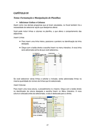 47
CAPÍTULO IV
Tema: Formatação e Manipulação de Planilhas
• Adicionar Linhas e Colunas
Assim como nos demais programas que já foram estudados, no Excel também há a
necessidade de selecionar aquilo que desejamos alterar.
Você pode incluir linhas e colunas na planilha, o que altera o comportamento das
adjacentes.
Inserir Linhas
! Para inserir uma linha inteira, posicione o ponteiro na identificação da linha
desejada.
! Clique com o botão direito e escolha Inserir no menu interativo. A nova linha
será adicionada acima da que você selecionou.
Se você selecionar várias linhas e solicitar a inclusão, serão adicionadas linhas na
mesma quantidade do número de linhas que foi selecionado.
Inserir Colunas
Para inserir uma nova coluna, o procedimento é o mesmo. Clique com o botão direito
no identificador da coluna desejada e escolha Inserir no Menu Interativo. A nova
coluna é colocada antes da selecionada, e esta é deslocada para a direita.
 