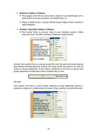 48
• Remover Linhas e Colunas
! Para apagar uma linha ou coluna inteira, clique em sua identificação com o
botão direito do mouse e escolha o comando Excluir, ou;
! Clique no botão Excluir, no grupo Células da guia Página Inicial, e escolha a
opção desejada.
• Ocultar e Reexibir Linhas e Colunas
! Para ocultar linhas ou colunas, clique no seu indicador usando o botão
direito do mouse. No Menu Interativo, selecione a opção Ocultar.
Quando você oculta linhas ou colunas da planilha você não está removendo, apenas
escondendo momentaneamente. Embora não esteja vendo ela continua ali, entre as
linhas ou colunas adjacentes. O que indica a existência é uma linha um pouco mais
grossa separando as adjacentes onde a ocultada está no meio.
Re-exibir
Para reexibir uma linha ou coluna oculta, selecione as duas adjacentes (anterior e
posterior) e clique com o botão direito do mouse. Então, escolha o comando Re-exibir.
 