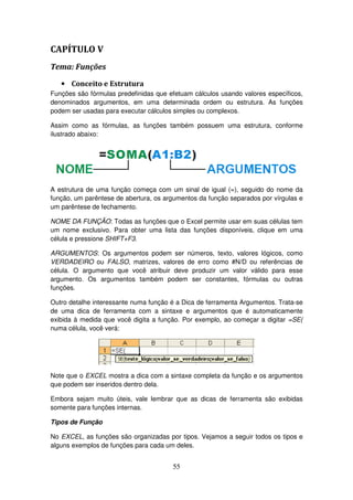 55
CAPÍTULO V
Tema: Funções
• Conceito e Estrutura
Funções são fórmulas predefinidas que efetuam cálculos usando valores específicos,
denominados argumentos, em uma determinada ordem ou estrutura. As funções
podem ser usadas para executar cálculos simples ou complexos.
Assim como as fórmulas, as funções também possuem uma estrutura, conforme
ilustrado abaixo:
A estrutura de uma função começa com um sinal de igual (=), seguido do nome da
função, um parêntese de abertura, os argumentos da função separados por vírgulas e
um parêntese de fechamento.
NOME DA FUNÇÃO: Todas as funções que o Excel permite usar em suas células tem
um nome exclusivo. Para obter uma lista das funções disponíveis, clique em uma
célula e pressione SHIFT+F3.
ARGUMENTOS: Os argumentos podem ser números, texto, valores lógicos, como
VERDADEIRO ou FALSO, matrizes, valores de erro como #N/D ou referências de
célula. O argumento que você atribuir deve produzir um valor válido para esse
argumento. Os argumentos também podem ser constantes, fórmulas ou outras
funções.
Outro detalhe interessante numa função é a Dica de ferramenta Argumentos. Trata-se
de uma dica de ferramenta com a sintaxe e argumentos que é automaticamente
exibida à medida que você digita a função. Por exemplo, ao começar a digitar =SE(
numa célula, você verá:
Note que o EXCEL mostra a dica com a sintaxe completa da função e os argumentos
que podem ser inseridos dentro dela.
Embora sejam muito úteis, vale lembrar que as dicas de ferramenta são exibidas
somente para funções internas.
Tipos de Função
No EXCEL, as funções são organizadas por tipos. Vejamos a seguir todos os tipos e
alguns exemplos de funções para cada um deles.
 