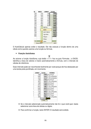66
O AutoCálculo apenas exibe o resultado. Ele não executa a função dentro de uma
célula como quando usamos uma função ou fórmula.
• Função AutoSoma
Ao acionar a função AutoSoma, cujo botão fica na guia Fórmulas , o EXCEL
identifica a faixa de valores e insere automaticamente a fórmula, com o intervalo de
células de referência.
Esse intervalo pode ser reconhecido facilmente por você porque ele fica destacado por
uma borda preta pontilhada, em movimento.
! Se o intervalo selecionado automaticamente não for o que você quer, basta
selecionar outra faixa de células ou digitar.
! Para confirmar a função, tecle ENTER. O resultado será exibido.
 