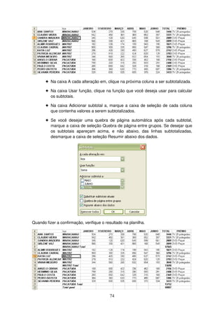 74
! Na caixa A cada alteração em, clique na próxima coluna a ser subtotalizada.
! Na caixa Usar função, clique na função que você deseja usar para calcular
os subtotais.
! Na caixa Adicionar subtotal a, marque a caixa de seleção de cada coluna
que contenha valores a serem subtotalizados.
! Se você desejar uma quebra de página automática após cada subtotal,
marque a caixa de seleção Quebra de página entre grupos. Se desejar que
os subtotais apareçam acima, e não abaixo, das linhas subtotalizadas,
desmarque a caixa de seleção Resumir abaixo dos dados.
Quando fizer a confirmação, verifique o resultado na planilha.
 