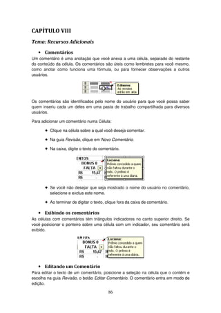 86
CAPÍTULO VIII
Tema: Recursos Adicionais
• Comentários
Um comentário é uma anotação que você anexa a uma célula, separado do restante
do conteúdo da célula. Os comentários são úteis como lembretes para você mesmo,
como anotar como funciona uma fórmula, ou para fornecer observações a outros
usuários.
Os comentários são identificados pelo nome do usuário para que você possa saber
quem inseriu cada um deles em uma pasta de trabalho compartilhada para diversos
usuários.
Para adicionar um comentário numa Célula:
! Clique na célula sobre a qual você deseja comentar.
! Na guia Revisão, clique em Novo Comentário.
! Na caixa, digite o texto do comentário.
! Se você não desejar que seja mostrado o nome do usuário no comentário,
selecione e exclua este nome.
! Ao terminar de digitar o texto, clique fora da caixa de comentário.
• Exibindo os comentários
As células com comentários têm triângulos indicadores no canto superior direito. Se
você posicionar o ponteiro sobre uma célula com um indicador, seu comentário será
exibido.
• Editando um Comentário
Para editar o texto de um comentário, posicione a seleção na célula que o contém e
escolha na guia Revisão, o botão Editar Comentário. O comentário entra em modo de
edição.
 