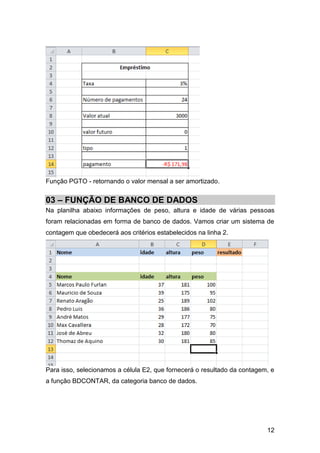 12
Função PGTO - retornando o valor mensal a ser amortizado.
03 – FUNÇÃO DE BANCO DE DADOS
Na planilha abaixo informações de peso, altura e idade de várias pessoas
foram relacionadas em forma de banco de dados. Vamos criar um sistema de
contagem que obedecerá aos critérios estabelecidos na linha 2.
Para isso, selecionamos a célula E2, que fornecerá o resultado da contagem, e
a função BDCONTAR, da categoria banco de dados.
 