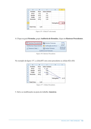103
MS EXCEL 2010 – NÍVEL AVANÇADO
Figura 155 - Célula E7 selecionada.
4. Clique na guia Fórmulas, grupo Auditoria de fórmulas, clique em Rastrear Precedentes.
Figura 156– Rastrear Precedentes.
No exemplo da figura 157, a célula E7, tem como precedente as células C2 e C4.
Figura 157 - Células Precedentes.
5. Salve as modificações na pasta de trabalho Amostras.
 