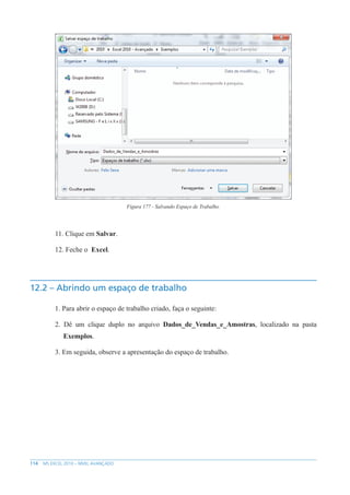 114 MS EXCEL 2010 – NÍVEL AVANÇADO
Figura 177 - Salvando Espaço de Trabalho.
11. Clique em Salvar.
12. Feche o Excel.
12.2 – Abrindo um espaço de trabalho
1. Para abrir o espaço de trabalho criado, faça o seguinte:
2. Dê um clique duplo no arquivo Dados_de_Vendas_e_Amostras, localizado na pasta
Exemplos.
3. Em seguida, observe a apresentação do espaço de trabalho.
 